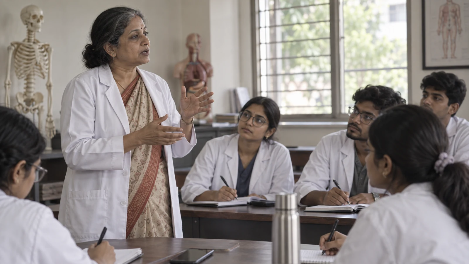 A senior professor in a white coat and sari speaking to medical students taking notes in a daylit classroom, an anatomical skeleton and torso model behind her